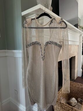 Beulah Ivory Net Long-Sleeve Beaded Mini Dress